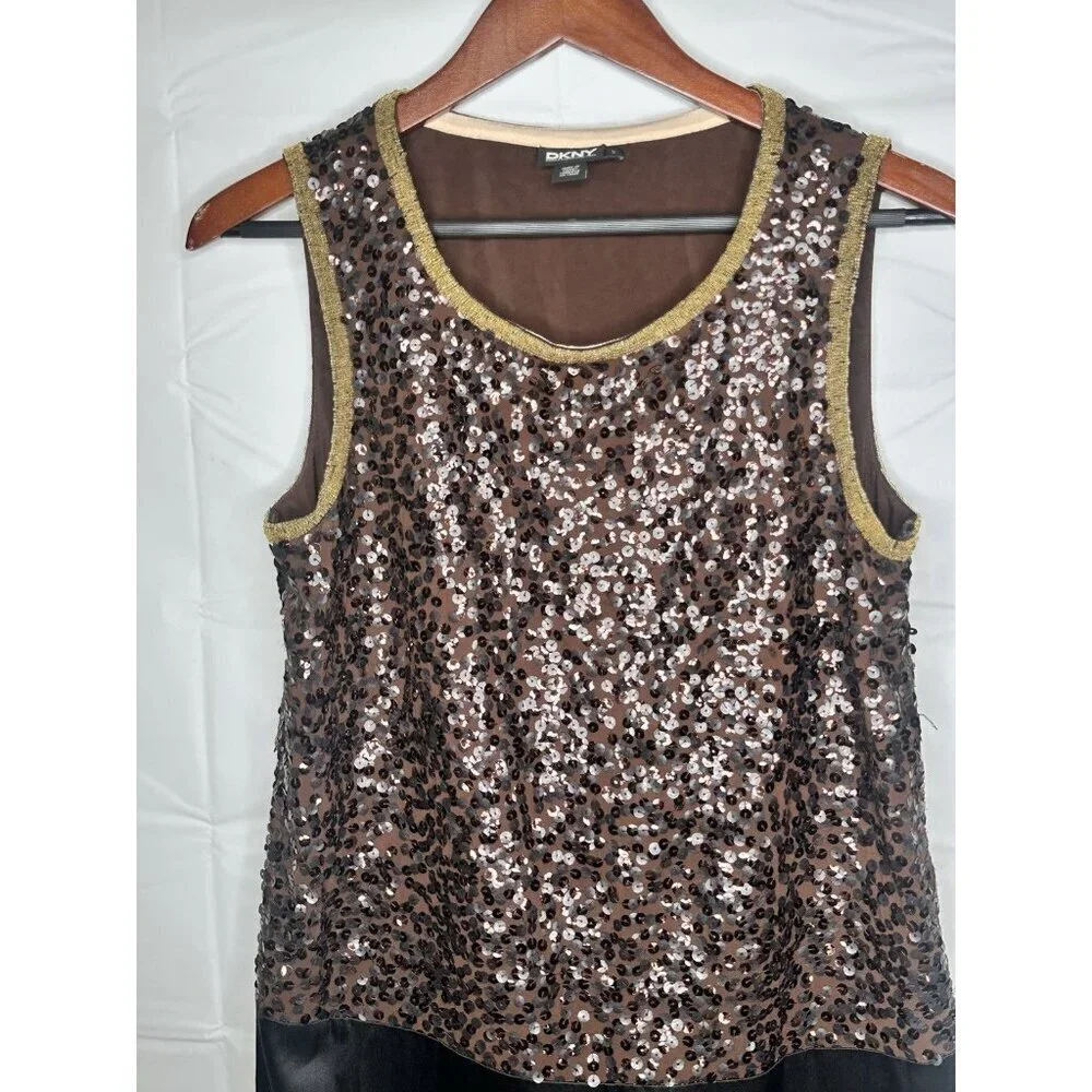 DKNY Womens Brown Sequined Knee-Length Cocktail and Party Dress Size Small Pull